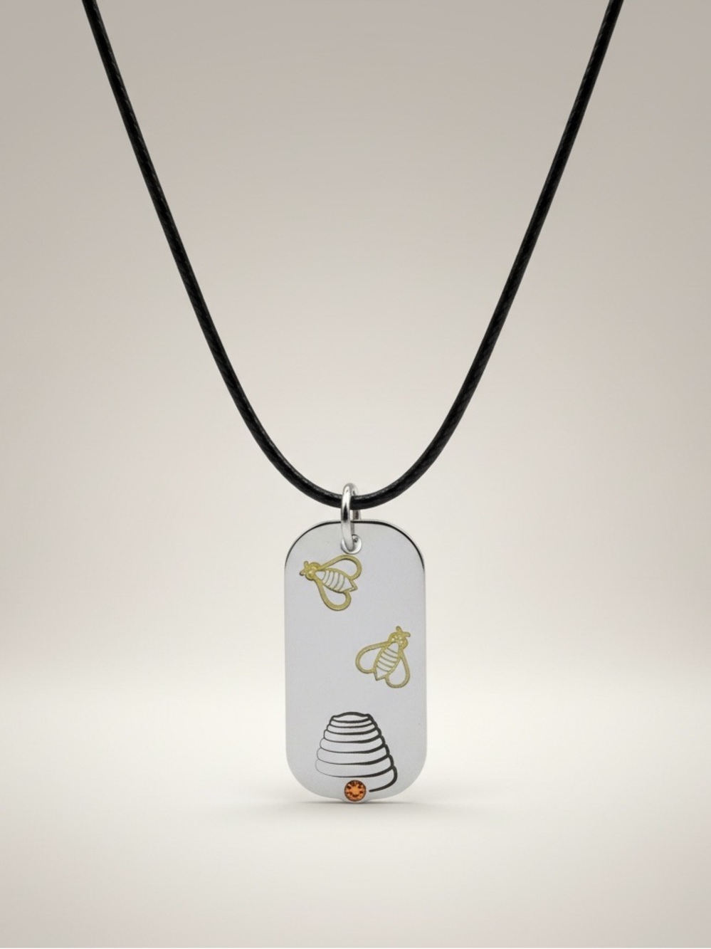 Handmade stamped Bee silver pendant orange Swarovski crystal black cord necklace